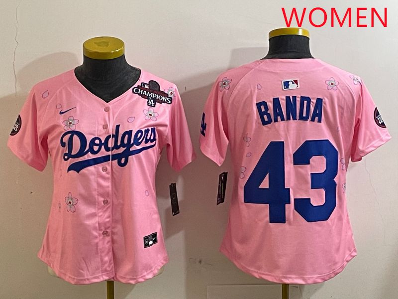 Women Los Angeles Dodgers 43 Banda Pink White Blue Sakura Edition 2025 Nike MLB Jersey style 6